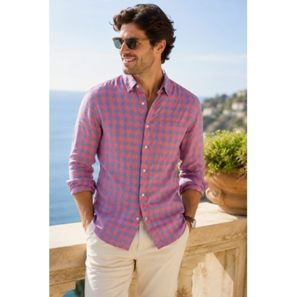 Banana Republic Shirt Mens S Red Blue Check 100% Linen Camden Fit Button Down